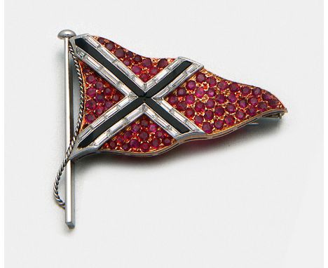 "NRV-Flagge" als Rubin-Diamantbrosche Gelbgold, 18 ct., teilw. mit Weißgold verbödet. Schauseitig besetzt mit Diamantbaguette