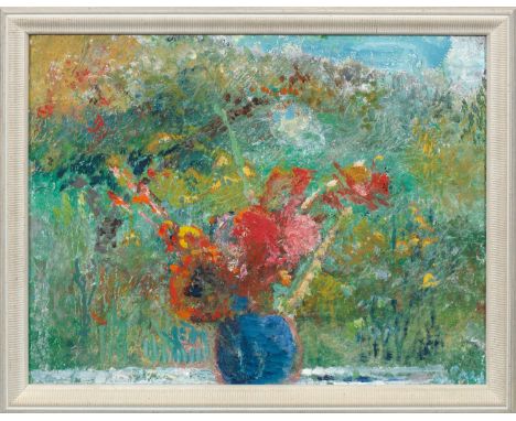 Otto Niemeyer-Holstein (1896 Kiel - 1984 Kuserow/Usedom)Sommerliches Stillleben mit Blumenstrauß vor einem GartenIn hell leuc