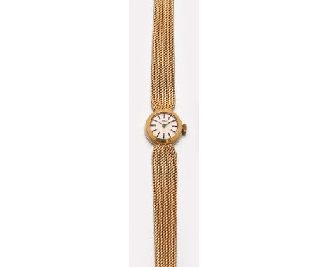 Damenarmbanduhr aus den 50er Jahren Gelbgold, gest. 585. Rundes Uhrengehäuse, satiniertes Zifferblatt mit schwarzen Stab-Inde