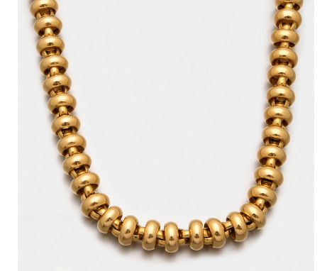 Repräsentatives Goldcollier Gelbgold, gest. 750. Einreihige sog. doppelte Erbsenglieder-Kette mit großer Federringschließe. G