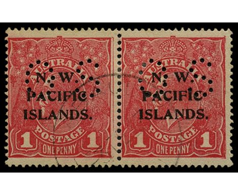 Officials: 1919-23 Punctured 'OS', 1d rosine die I, wmk w5 on rough unsurfaced paper (SG O16), horizontal pair used by light 