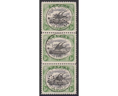 Officials: Punctured 'OS', 1908 (Dec)-10 wmk sideways, perf 11 ½d black and yellow-green, vertical strip of 3, centre stamp w