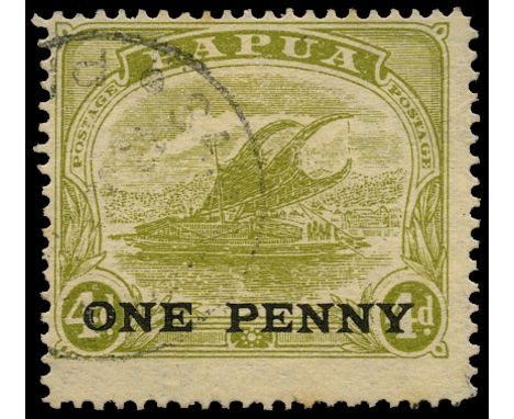 1917 1d on 4d pale olive-green, wmk crown to right of A (SG 109w), centred to upper left and a couple of toned perfs, used by