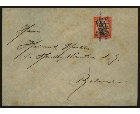 Stamps of German New Guinea surcharged: 1914 (17 Oct)-15 3d on 30pf black and orange/buff with error 'surcharge double' (SG 8
