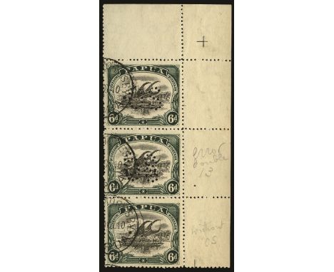 Officials: 1910-11 Punctured 'OS', 6d black and myrtle-green, upper right corner vertical strip of 3, error middle stamp with