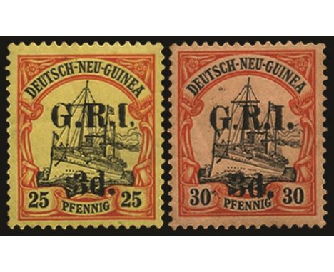 Stamps of German New Guinea surcharged: 1914 (17 Oct)-15 3d on 25pf black and red/yellow setting 1 pos.5 and 3d on 30pf black