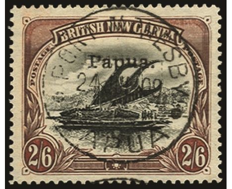 1907  Brisbane overprint with wmk horizontal, 2s 6d black and brown, error overprint double (SG 37c), the second impression l