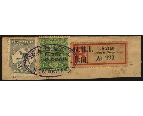 Registration labels of German New Guinea surcharged: 1915 (Jan) 3d on 'Rabaul (Deutsch-Neuguinea)', setting D, pos.2 with fir