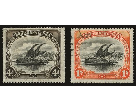 1901-05 Wmk vertical, 4d black and sepia and 1s black and orange on thin paper, comb perf (SG 13b and 15a), former used by ve