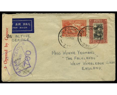 WWII Censorship: 1944 January 12 "On active service" cover to Wimbledon, franked with Papua 1932-40 1½d black and lake in com