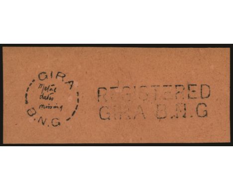 Gira: 1902 (c) orange piece (96 x 40mm) with posthumous strikes of "GIRA/B.N.G." cds, (Lee 57) with m/s 'Metal dates missing'