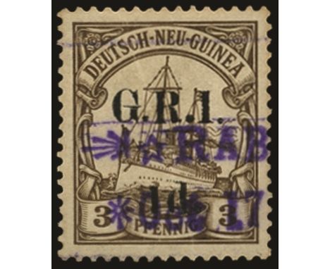 Stamps of German New Guinea surcharged: 1914 (17 Oct)-15 1d on 3pf brown variety "Short 1" (SG 1b), setting 1, pos. 1, with '