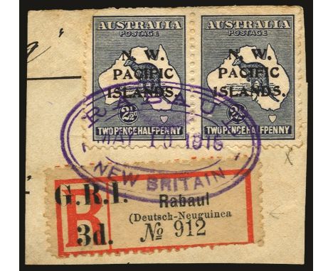 Registration labels of German New Guinea surcharged: 1915 (Jan) 3d on 'Rabaul (Deutsch-Neuguinea)', setting D, pos.4 with las