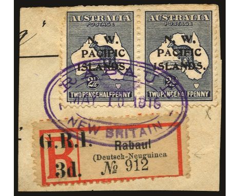 Registration labels of German New Guinea surcharged: 1915 (Jan) 3d on 'Rabaul (Deutsch-Neuguinea)', setting D, pos.4 with las