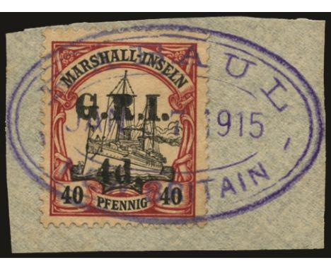 Stamps of Marshall Islands surcharged: 1914 (16 Dec) Setting 2 pos. 10, with surcharge spaced 5mm, 4d on 40pf black and carmi