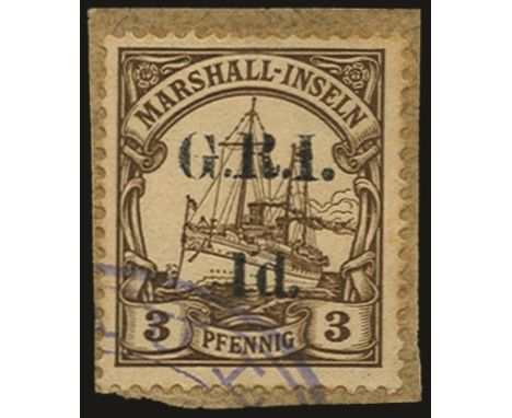 Stamps of Marshall Islands surcharged: 1914 (16 Dec) Setting 2 with surcharge spaced 5mm, 1d on 3pf brown, from pos. 2 showin