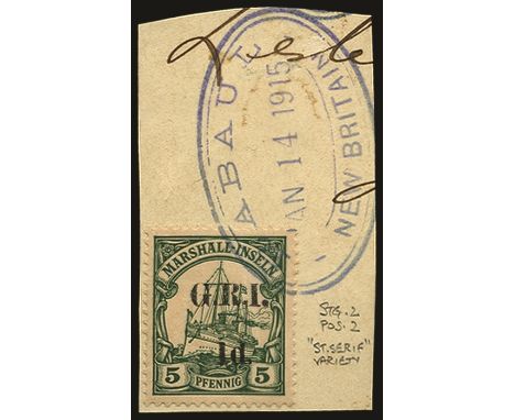 Stamps of Marshall Islands surcharged: 1914 (16 Dec) Setting 2 with surcharge spaced 5mm, 1d on 5pf green from pos. 2 showing