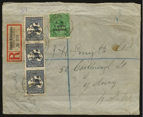 Stamps of Australia overprinted: 1917 (September) registered cover from Madang to Sydney, franked 1915-16 wmk w2 2½d indigo (