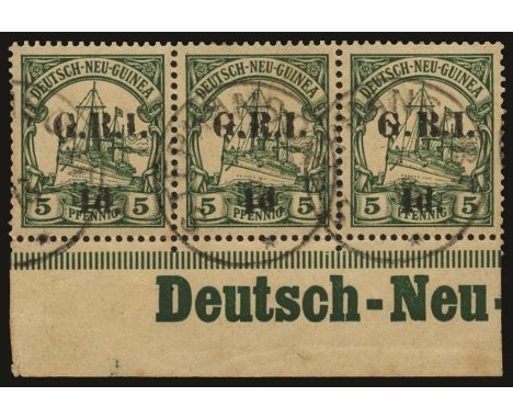 Stamps of German New Guinea surcharged: 1914 (17 Oct)-15 1d on 5pf green lower marginal horizontal strip of three (showing "D