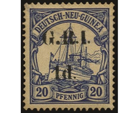 Stamps of German New Guinea surcharged: 1914 (16 Dec) -15 setting 2 with surcharge spaced 5mm, 1d on 20pf ultramarine, error 