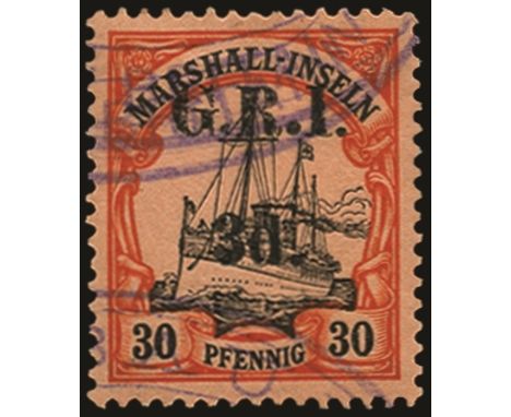 Stamps of Marshall Islands surcharged: 1914 (16 Dec) Setting 2 with surcharge spaced 5mm, 3d on 30pf black and orange/buff, f