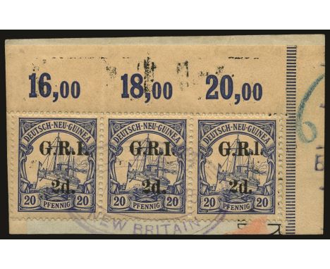 Stamps of German New Guinea surcharged: 1914 (17 Oct)-15 2d on 20f ultramarine, upper right corner  horizontal strip of three