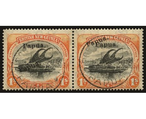 1907  Brisbane overprint, 1s black and orange on thin paper with wmk vertical, horizontal pair both showing overprint double,