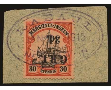 Stamps of Marshall Islands surcharged: 1914 (16 Dec) Setting 10 with surcharge spaced 5mm, 3d on 30pf black and orange/buff, 