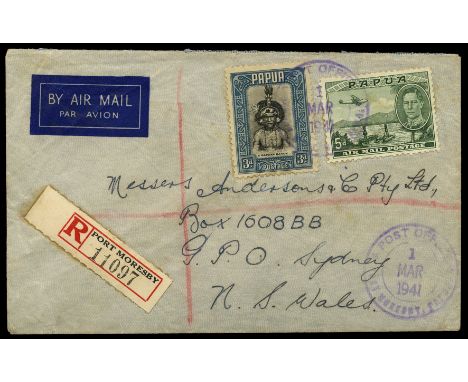 Port Moresby: 1941 March 1 registered airmail cover from Post Moresby to Sydney, franked with Papua 1932 3d and 1939 5d tied 