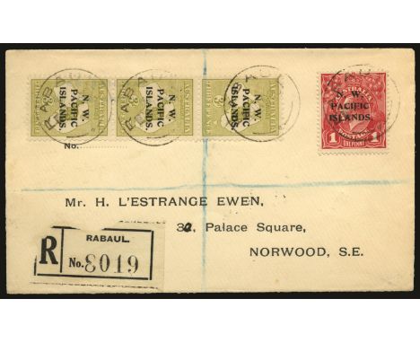 Stamps of Australia overprinted: 1918-22 wmk w6, 3d greenish olive vertical strip of 3, lowest stamp die II, others die I (SG