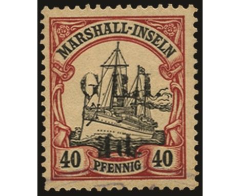Stamps of Marshall Islands surcharged: 1914 (16 Dec) Setting 2 with surcharge spaced 5mm, 4d on 40pf black and carmine, pos.1