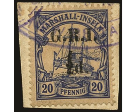 Stamps of Marshall Islands surcharged: 1915 (Jan) Setting 2 with surcharge spaced 5mm, '1' on 2d on 20pf ultramarine, pos. 9 