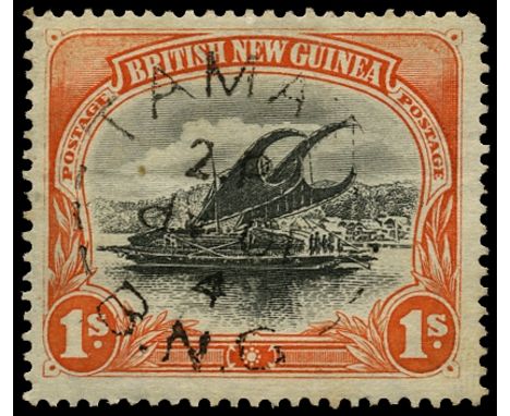 Tamata:  1901-05 Horizontal wmk, 1s black and orange (SG 7), with very fine complete strike of "TAMATA/B.N.G." cds (Lee 48) s
