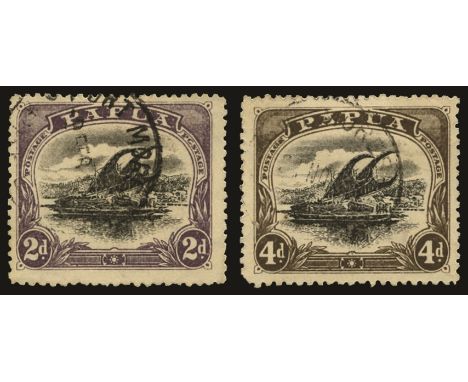 1910-11 Large 'PAPUA' wmk w11 (upright)2d black and dull purple with "C" for "O" in "POSTAGE" (SG 77a) and 4d black and sepia