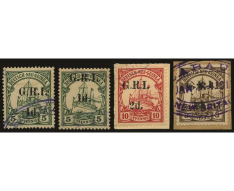 Stamps of German New Guinea surcharged: 1914 (16 Dec)-15 setting 2 with surcharge spaced 5mm, 1d on 5pf green pos. 4 and anot