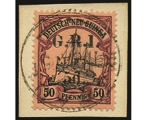 Stamps of German New Guinea surcharged: 1914 (17 Oct)-15 5d on 50pf black and purple/buff (SG 10), setting 6 pos.3, tied to s
