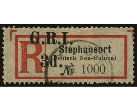 Registration labels of German New Guinea surcharged: 1915 (Jan) Setting G, 3d on 'Stephansort (Deutsch Neu-Guinea)  (SG 40)  