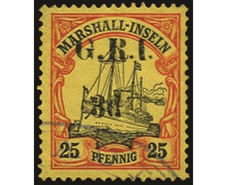 Stamps of Marshall Islands surcharged: 1914 (16 Dec) Setting 2 with surcharge spaced 5mm, 3d on 25pf black and red/yellow, fr
