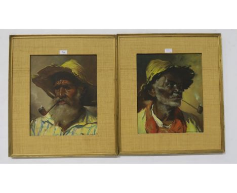 CONTINENTAL SCHOOL&nbsp;Portrait head of a bearded man wearing straw hat and another, signed, oil on board, 42 x 35cm (2) Con