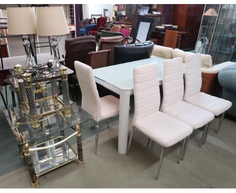 A large mixed lot to include modern glass topped dining table and white vinyl dining chairs, three glass topped lamp tables, 