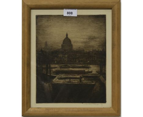 MORTIMER MENPES&nbsp;Thames barges and St.Pauls, signed, etching, 28 x 23cm Condition Report:Available upon request