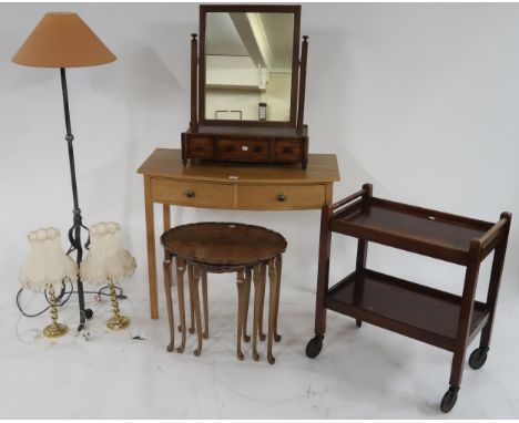 A mixed lot to include two drawer hall table, two tier tea trolley, nest of three tables, pair of brass table lamps, mahogany
