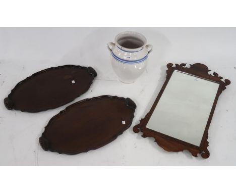 A mahogany Georgian style wall mirror, pair of mahogany trays and a ceramic urn (4) Condition Report:Available upon request