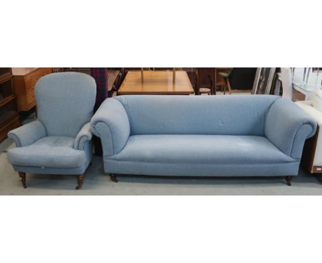 A late Victorian scroll back two seater sofa and a Victorian open armchair both upholstered in contemporary blue fabric (2) C