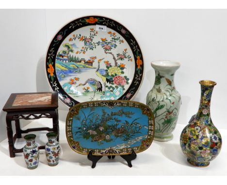 A marble topped wooden vase stand, a cloisonné bottle vase, a quail decorated tray,&nbsp; Celadon vase decorated with birds, 