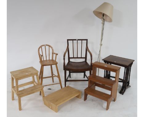 A mixed lot to include mahogany framed open armchair, child's high chair, nest of three tables, wooden steps and a standard l