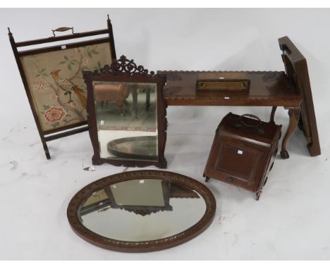 A mixed lot to include tapestry fire screen, folding tray, two wall mirrors, coffee table, coal scuttle and assorted framed a