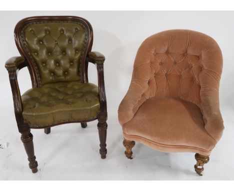 A late Victorian button back leatherette upholstered open armchair and a pink upholstered parlour chair (2) Condition Report: