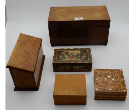 A tea caddy together with a desk top tidy and various inlaid boxes etc (5) Condition Report:Available upon request