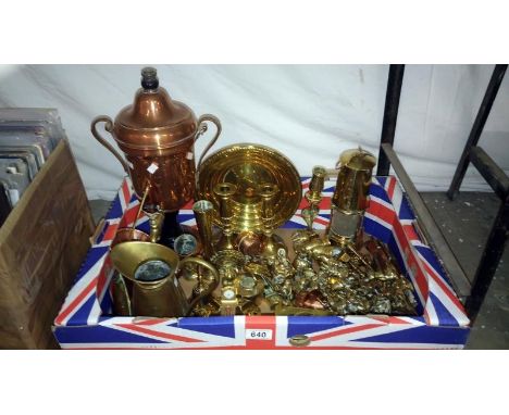 A mixed lot of brass and copper including samovar, miner's lamp, candlesticks etc